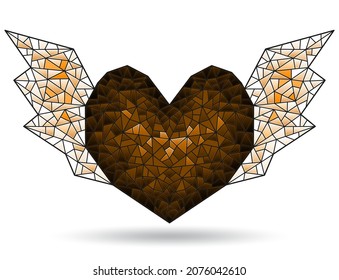 Illustration in stained glass style with abstract winged heart, figure isolated on white background, tone brown