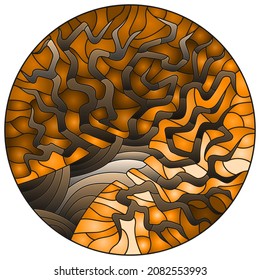 Illustration in stained glass style with an abstract tree, tone brown, round image
