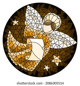 Illustration in stained glass style with an abstract angel in a robe, round picture, tone brown