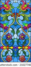 Illustration in the stained glass style with an abstract flower arrangement on a blue background, vertical image