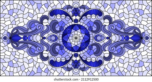 Illustration in stained glass style with abstract flowers, swirls and leaves  on a light background,horizontal orientation, tone blue 