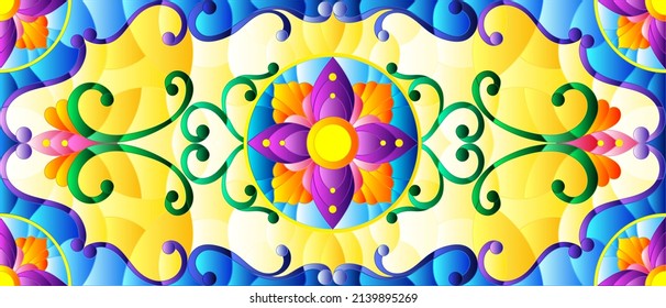 Illustration in stained glass style with abstract  swirls,flowers and leaves  ,horizontal orientation