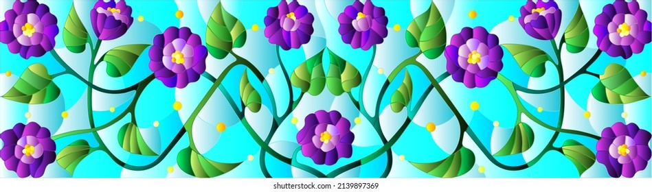 Illustration in stained glass style with abstract purple flowers on a blue background