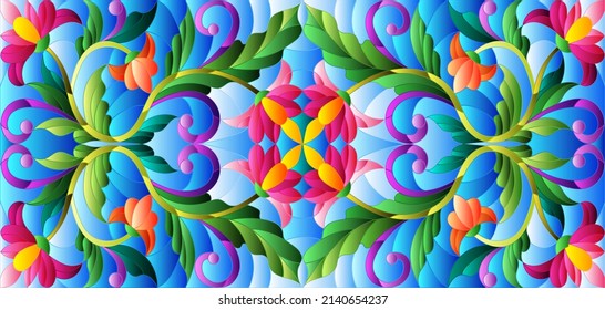 Illustration in stained glass style with abstract pink flowers on a blue background
