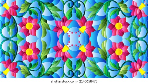 Illustration in stained glass style with abstract  swirls, pink flowers and leaves  on a blue  background,horizontal orientation