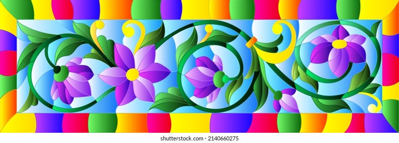 Illustration in stained glass style with abstract purple flowers on a blue  background in bright frame