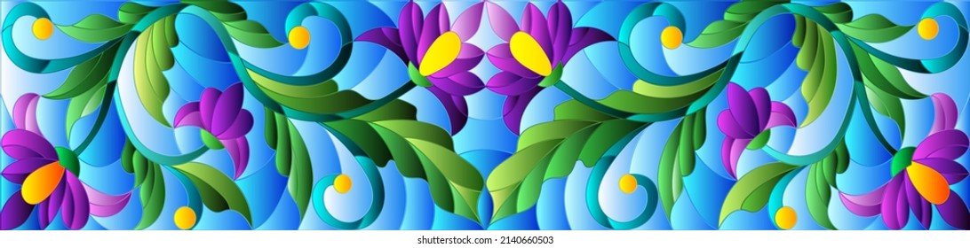 Illustration in stained glass style with abstract purple flowers on a blue background