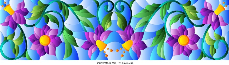 Illustration in stained glass style with abstract purple flowers on a blue background