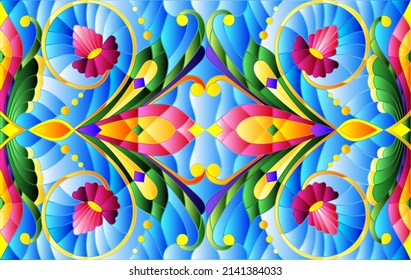 Illustration in stained glass style with abstract  swirls,flowers and leaves  on a blue background,horizontal orientation