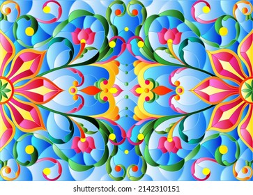 Illustration in stained glass style with abstract  swirls,flowers and leaves  on a blue background,horizontal orientation