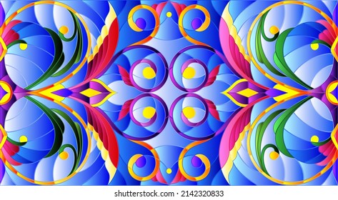 Illustration in stained glass style with abstract  swirls,flowers and leaves  on a blue background,horizontal orientation