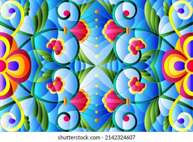 Illustration in stained glass style with abstract  swirls,flowers and leaves  on a blue background,horizontal orientation