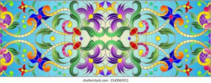 Illustration in stained glass style with abstract flowers, leaves and curls on a blue background, rectangular horizontal image