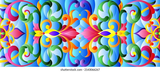 Illustration in stained glass style with abstract  swirls,flowers and leaves  on a blue background,horizontal orientation