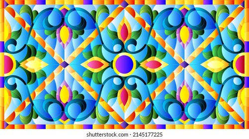 Illustration in stained glass style with abstract  swirls,flowers and leaves  on a blue background,horizontal orientation