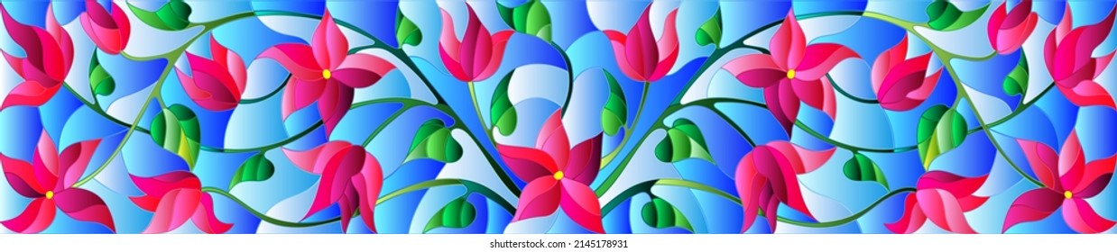 Illustration in stained glass style with abstract pink flowers on a blue  background,horizontal orientation