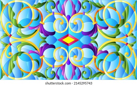 Illustration in stained glass style with abstract flowers, leaves and curls on blue background, horizontal orientation