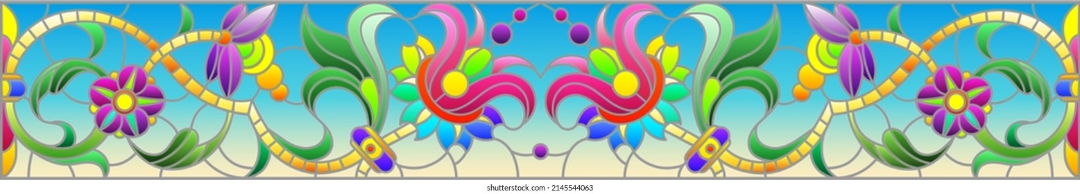 Illustration in stained glass style with abstract flowers, leaves and curls on a blue background, rectangular horizontal image