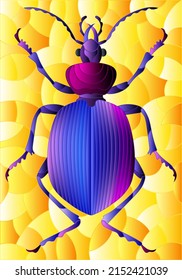 Illustration in stained glass style abstract in purple beetle on a yellow background, the rectangle image