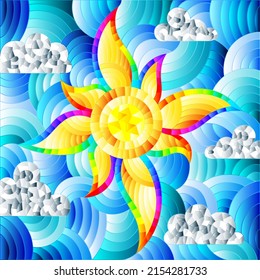 Illustration in stained glass style with an abstract bright sun on a blue sky background and a cloud, square image