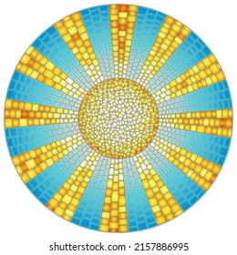 Illustration in stained glass style with abstract celestial landscape, sun with rays against the sky,  round image