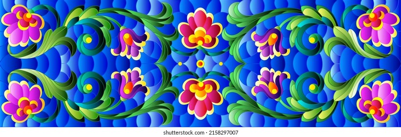 Illustration in stained glass style with abstract  swirls,flowers and leaves  on a blue background,horizontal orientation