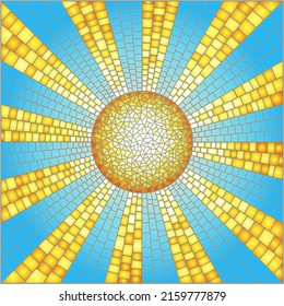 Illustration in stained glass style with abstract celestial landscape, sun with rays against the sky, square image