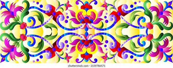 Illustration in stained glass style with abstract  swirls,flowers and leaves  on a yellow background,horizontal orientation