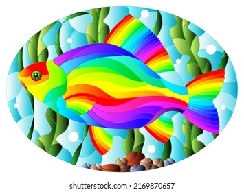 Illustration in stained glass style with an abstract rainbow crucian carp fish on a background of algae, air bubbles and water, oval image