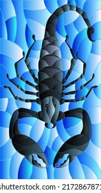 Illustration in stained glass style with abstract black Scorpion on blue background