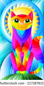 Illustration in stained glass style with abstract geometric cat and the sun on an abstract blue background