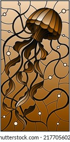 Illustration in stained glass style with abstract jellyfish against a sea and bubbles, tone brown