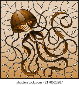 Illustration in stained glass style with abstract  jellyfish against a sea and bubbles, square image, tone brown