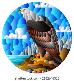 Illustration in stained glass style with abstract eagle on landscape background with mountains, sea and sky, oval image in bright frame
