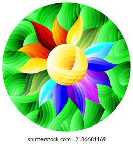 Illustration in stained glass style with abstract rainbow flower on green background, round image