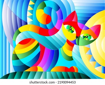 Illustration in stained glass style with abstract geometric cat and the sun on an abstract blue background