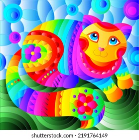 Illustration in stained glass style with abstract cute rainbow cat on a blue background