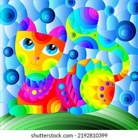 Illustration in stained glass style with abstract cute rainbow cat on a blue background