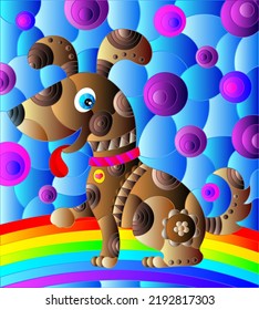 Illustration in stained glass style with abstract cute ,brown dog on a sky background with rainbow 