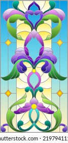 Illustration in stained glass style with abstract  swirls,flowers and leaves  ,vertical orientation