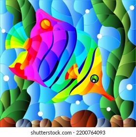 Illustration in stained glass style with an abstract rainbow butterfly fish on a background of algae, air bubbles and water, oval image