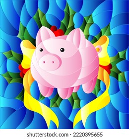 Illustration in stained glass style with abstract pink piggy Bank and Holly branches on blue background, square image