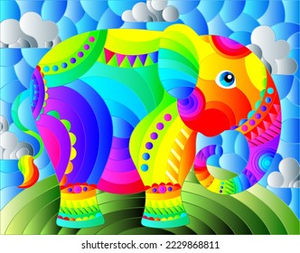 Illustration in stained glass style with abstract cute rainbow elephant on a blue sky background with clouds