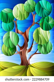 Illustration in stained glass style with a abstract tree on a sky background 