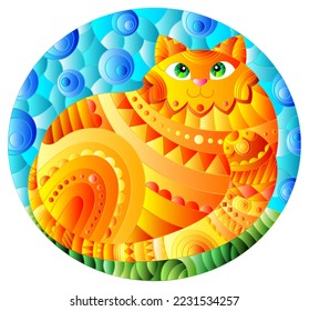 Illustration in stained glass style with abstract cute red cat on a blue background, oval image
