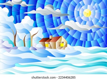 Illustration in stained glass style with abstract winter landscape,a lonely house amid fields, frozen lake , sky and falling snow