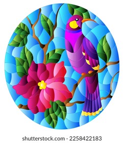 Illustration in stained glass style with abstract purple bird sitting on a branch of a flowering plant, on a blue background, oval image 