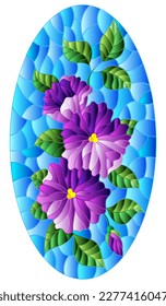 Illustration in stained glass style with abstract intertwined purple flowers and leaves on blue background,vertical orientation, oval image