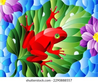 Illustration in stained glass style with abstract red frog on Lotus leaf on water and flowers