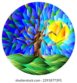 Illustration in the stained glass style with an abstract tree on a Sunny sky background, round image